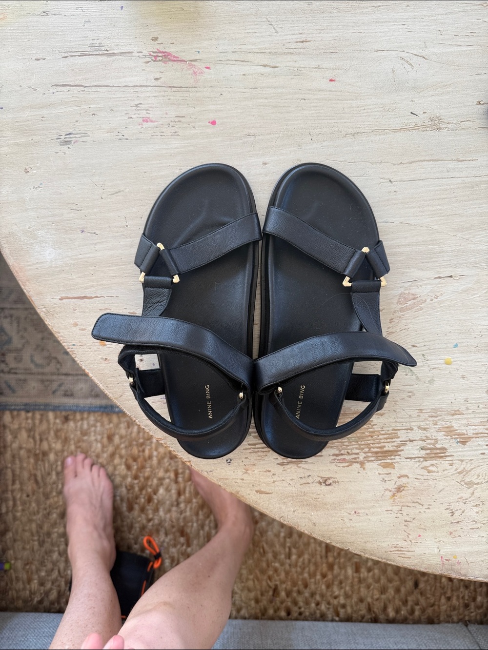 Anine Bing Black Leather Adjustable Strap Sandals with Gold Accents